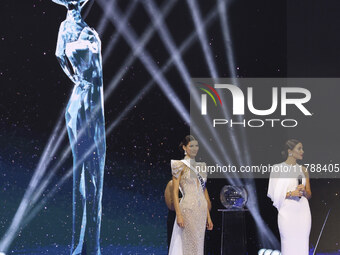 Miss Venezuela Ileana Marquez is interviewed by actor Mario Lopez during her participation in The 73rd Miss Universe Pageant Competition sho...