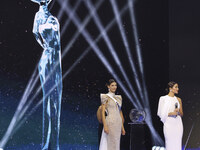 Miss Venezuela Ileana Marquez is interviewed by actor Mario Lopez during her participation in The 73rd Miss Universe Pageant Competition sho...