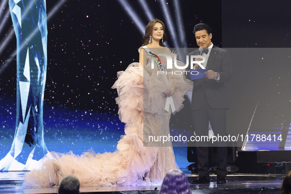 Miss Mexico Maria Fernanda Beltran is interviewed by actor Mario Lopez during The 73rd Miss Universe Pageant Competition show at Mexico City...