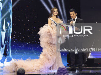 Miss Mexico Maria Fernanda Beltran is interviewed by actor Mario Lopez during The 73rd Miss Universe Pageant Competition show at Mexico City...