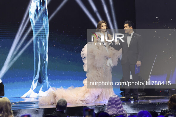 Miss Mexico Maria Fernanda Beltran is interviewed by actor Mario Lopez during The 73rd Miss Universe Pageant Competition show at Mexico City...