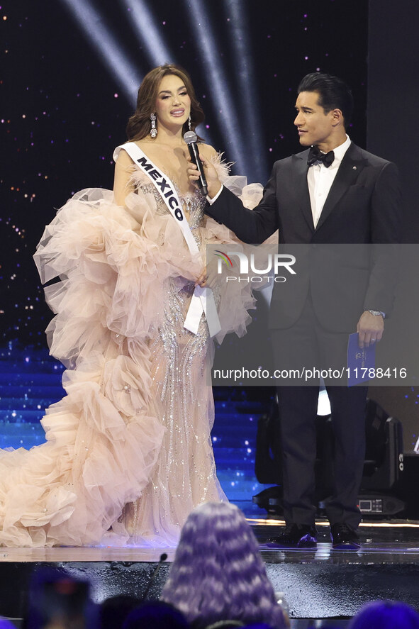 Miss Mexico Maria Fernanda Beltran is interviewed by actor Mario Lopez during The 73rd Miss Universe Pageant Competition show at Mexico City...