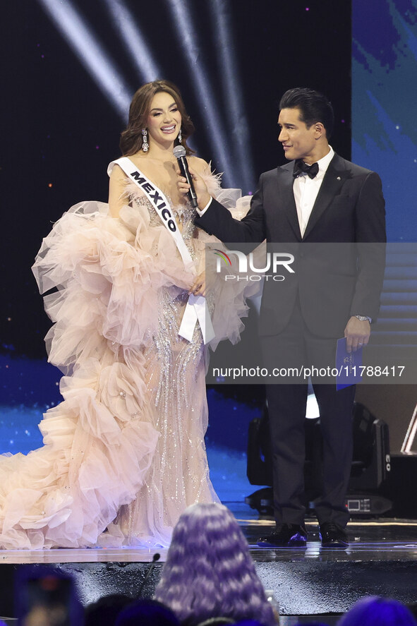 Miss Mexico Maria Fernanda Beltran is interviewed by actor Mario Lopez during The 73rd Miss Universe Pageant Competition show at Mexico City...