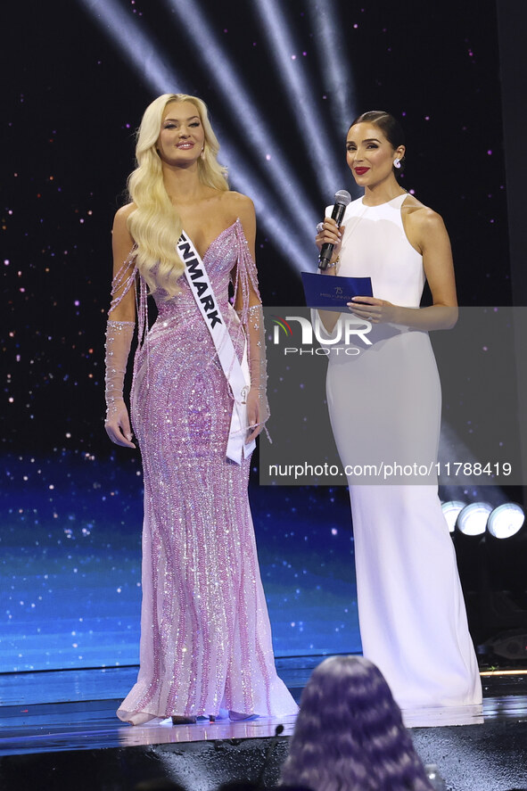 Miss Denmark Victoria Kjaer Theilvig is interviewed during her participation in the 73rd Miss Universe Pageant Competition show at Mexico Ci...