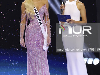 Miss Denmark Victoria Kjaer Theilvig is interviewed during her participation in the 73rd Miss Universe Pageant Competition show at Mexico Ci...