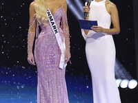 Miss Denmark Victoria Kjaer Theilvig is interviewed during her participation in the 73rd Miss Universe Pageant Competition show at Mexico Ci...