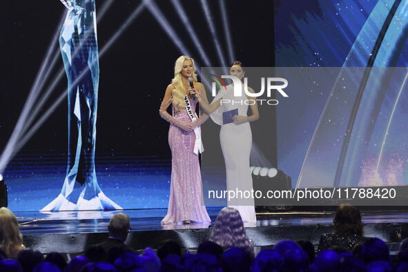 Miss Denmark Victoria Kjaer Theilvig is interviewed during her participation in the 73rd Miss Universe Pageant Competition show at Mexico Ci...