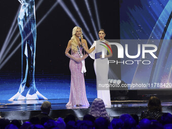 Miss Denmark Victoria Kjaer Theilvig is interviewed during her participation in the 73rd Miss Universe Pageant Competition show at Mexico Ci...