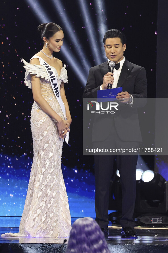 Miss Thailand Opal Suchata Chuangsr is interviewed by actor Mario Lopez during her participation in the 73rd Miss Universe Pageant Competiti...