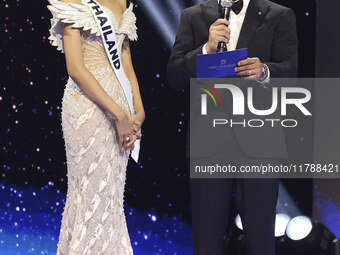 Miss Thailand Opal Suchata Chuangsr is interviewed by actor Mario Lopez during her participation in the 73rd Miss Universe Pageant Competiti...