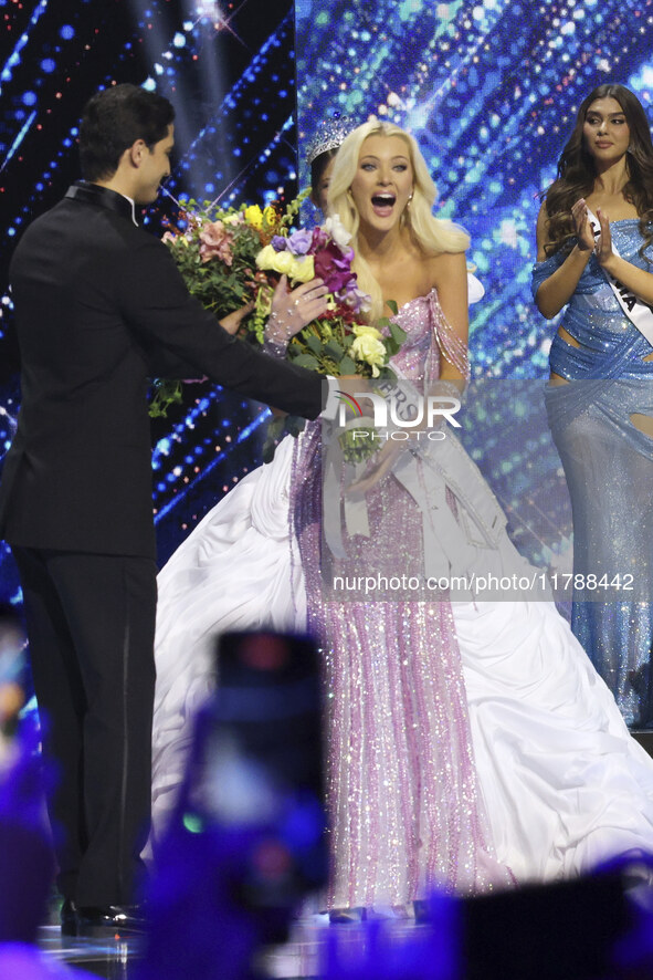 Miss Denmark Victoria Kjaer is crowned during her participation in the 73rd Miss Universe Pageant Competition show at Mexico City Arena in M...