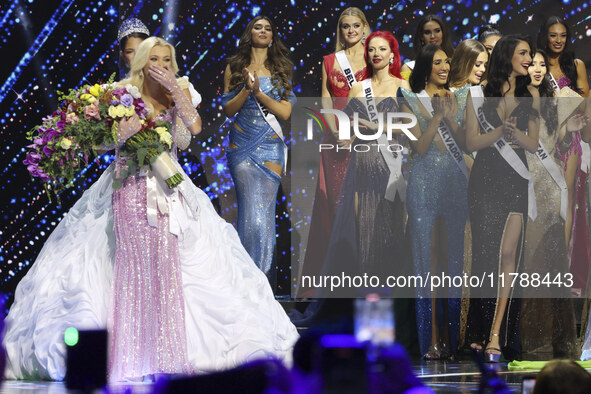 Miss Denmark Victoria Kjaer is crowned during her participation in the 73rd Miss Universe Pageant Competition show at Mexico City Arena in M...