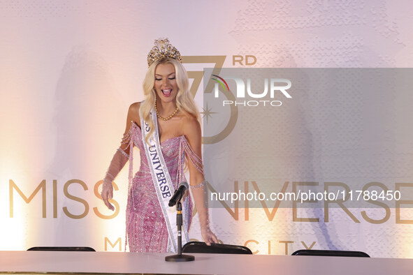 Miss Denmark Victoria Kjaer attends a press event after being crowned Miss Universe following her participation in the 73rd Miss Universe Pa...