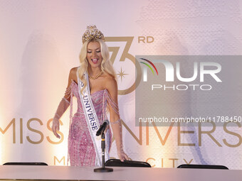 Miss Denmark Victoria Kjaer attends a press event after being crowned Miss Universe following her participation in the 73rd Miss Universe Pa...