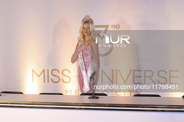 Miss Denmark Victoria Kjaer attends a press event after being crowned Miss Universe following her participation in the 73rd Miss Universe Pa...