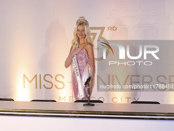 Miss Denmark Victoria Kjaer attends a press event after being crowned Miss Universe following her participation in the 73rd Miss Universe Pa...