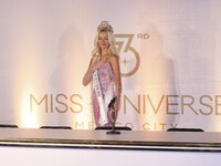 Miss Denmark Victoria Kjaer attends a press event after being crowned Miss Universe following her participation in the 73rd Miss Universe Pa...