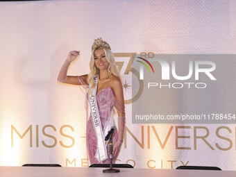 Miss Denmark Victoria Kjaer attends a press event after being crowned Miss Universe following her participation in the 73rd Miss Universe Pa...