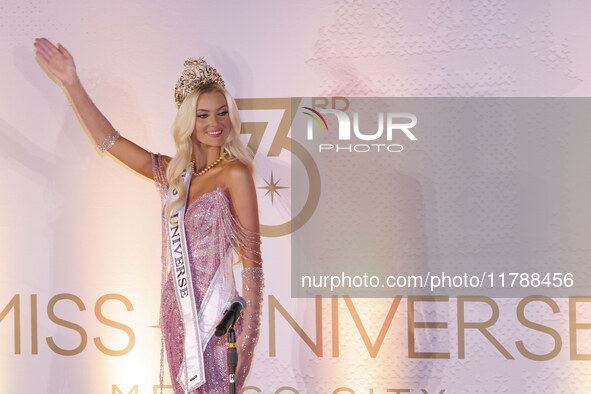 Miss Denmark Victoria Kjaer attends a press event after being crowned Miss Universe following her participation in the 73rd Miss Universe Pa...