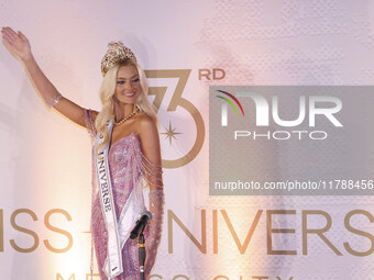 Miss Denmark Victoria Kjaer attends a press event after being crowned Miss Universe following her participation in the 73rd Miss Universe Pa...