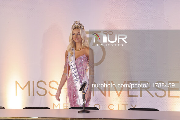 Miss Denmark Victoria Kjaer attends a press event after being crowned Miss Universe following her participation in the 73rd Miss Universe Pa...