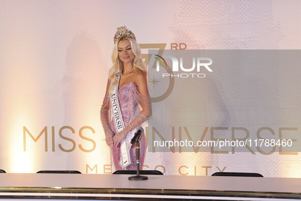 Miss Denmark Victoria Kjaer attends a press event after being crowned Miss Universe following her participation in the 73rd Miss Universe Pa...