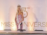 Miss Denmark Victoria Kjaer attends a press event after being crowned Miss Universe following her participation in the 73rd Miss Universe Pa...