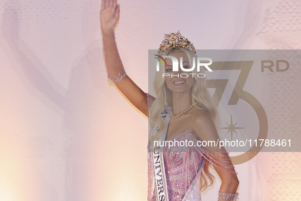 Miss Denmark Victoria Kjaer attends a press event after being crowned Miss Universe following her participation in the 73rd Miss Universe Pa...