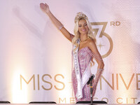 Miss Denmark Victoria Kjaer attends a press event after being crowned Miss Universe following her participation in the 73rd Miss Universe Pa...