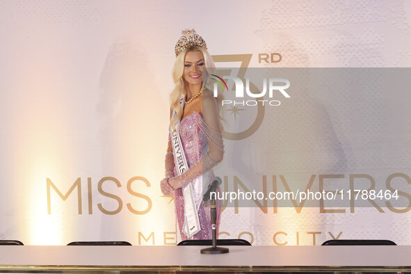 Miss Denmark Victoria Kjaer attends a press event after being crowned Miss Universe following her participation in the 73rd Miss Universe Pa...