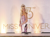 Miss Denmark Victoria Kjaer attends a press event after being crowned Miss Universe following her participation in the 73rd Miss Universe Pa...