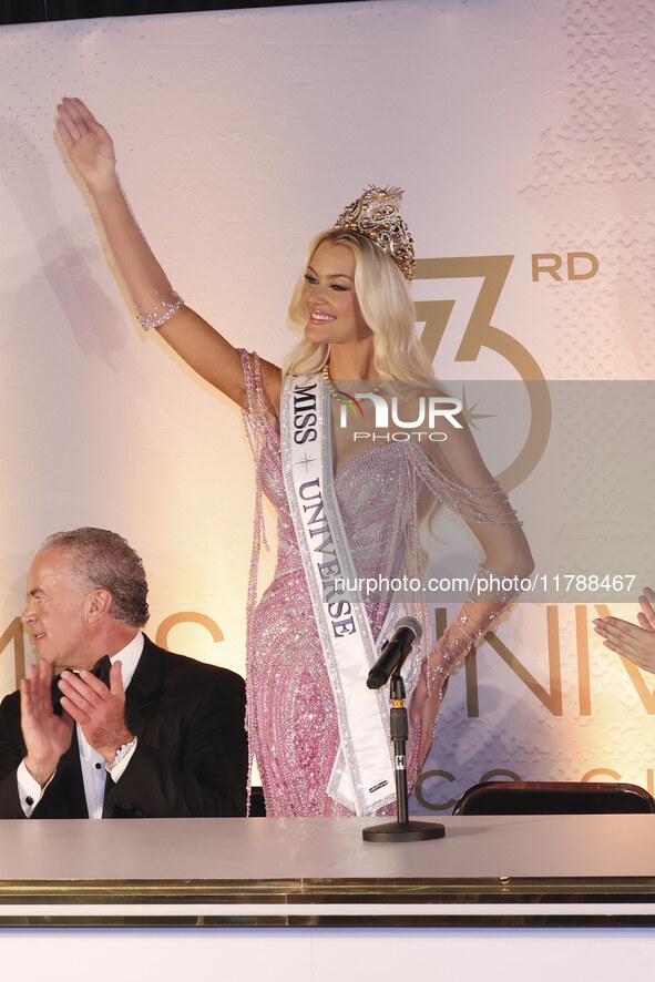 Miss Denmark Victoria Kjaer attends a press event after being crowned Miss Universe following her participation in the 73rd Miss Universe Pa...