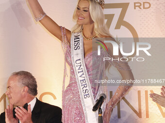 Miss Denmark Victoria Kjaer attends a press event after being crowned Miss Universe following her participation in the 73rd Miss Universe Pa...