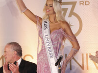 Miss Denmark Victoria Kjaer attends a press event after being crowned Miss Universe following her participation in the 73rd Miss Universe Pa...