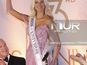 Miss Denmark Victoria Kjaer attends a press event after being crowned Miss Universe following her participation in the 73rd Miss Universe Pa...