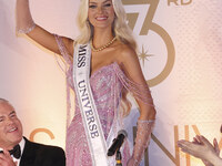 Miss Denmark Victoria Kjaer attends a press event after being crowned Miss Universe following her participation in the 73rd Miss Universe Pa...