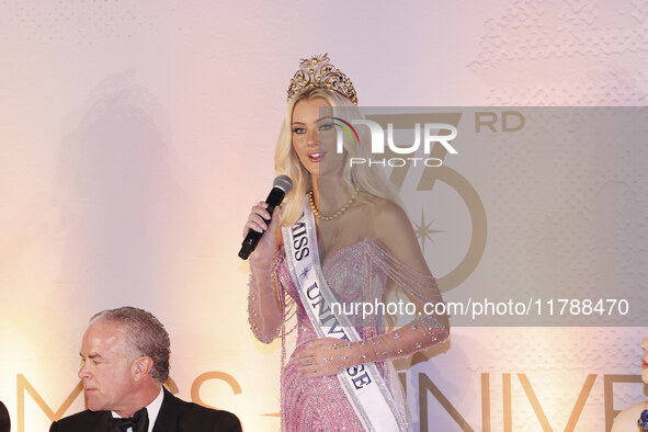 Miss Denmark Victoria Kjaer attends a press event after being crowned Miss Universe following her participation in the 73rd Miss Universe Pa...