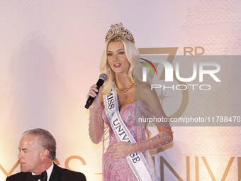 Miss Denmark Victoria Kjaer attends a press event after being crowned Miss Universe following her participation in the 73rd Miss Universe Pa...