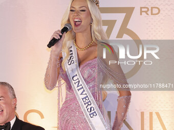 Miss Denmark Victoria Kjaer attends a press event after being crowned Miss Universe following her participation in the 73rd Miss Universe Pa...