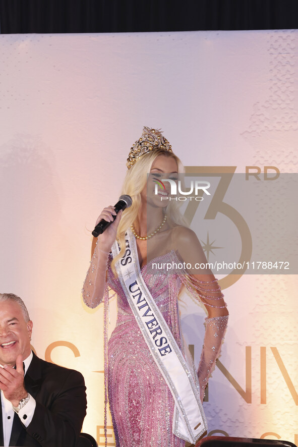 Miss Denmark Victoria Kjaer attends a press event after being crowned Miss Universe following her participation in the 73rd Miss Universe Pa...