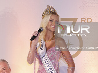 Miss Denmark Victoria Kjaer attends a press event after being crowned Miss Universe following her participation in the 73rd Miss Universe Pa...