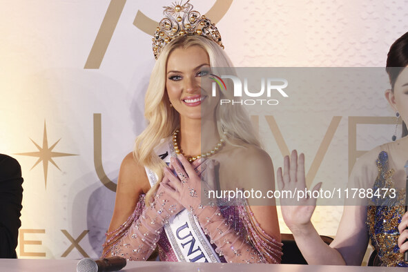 Miss Denmark Victoria Kjaer attends a press event after being crowned Miss Universe following her participation in the 73rd Miss Universe Pa...