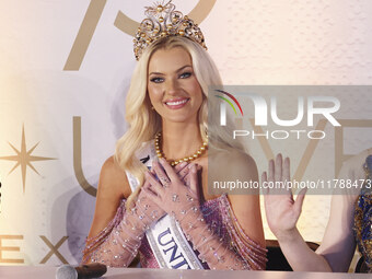 Miss Denmark Victoria Kjaer attends a press event after being crowned Miss Universe following her participation in the 73rd Miss Universe Pa...