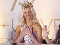 Miss Denmark Victoria Kjaer attends a press event after being crowned Miss Universe following her participation in the 73rd Miss Universe Pa...