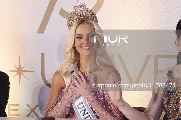 Miss Denmark Victoria Kjaer attends a press event after being crowned Miss Universe following her participation in the 73rd Miss Universe Pa...