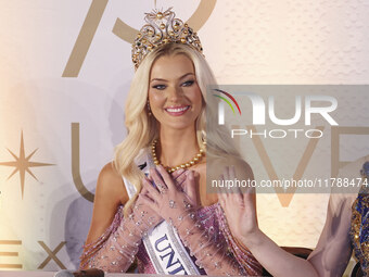 Miss Denmark Victoria Kjaer attends a press event after being crowned Miss Universe following her participation in the 73rd Miss Universe Pa...