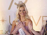 Miss Denmark Victoria Kjaer attends a press event after being crowned Miss Universe following her participation in the 73rd Miss Universe Pa...