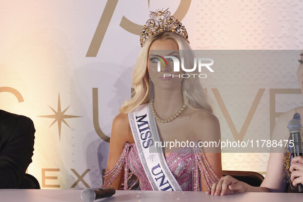 Miss Denmark Victoria Kjaer attends a press event after being crowned Miss Universe following her participation in the 73rd Miss Universe Pa...