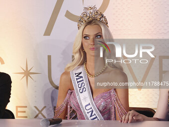 Miss Denmark Victoria Kjaer attends a press event after being crowned Miss Universe following her participation in the 73rd Miss Universe Pa...