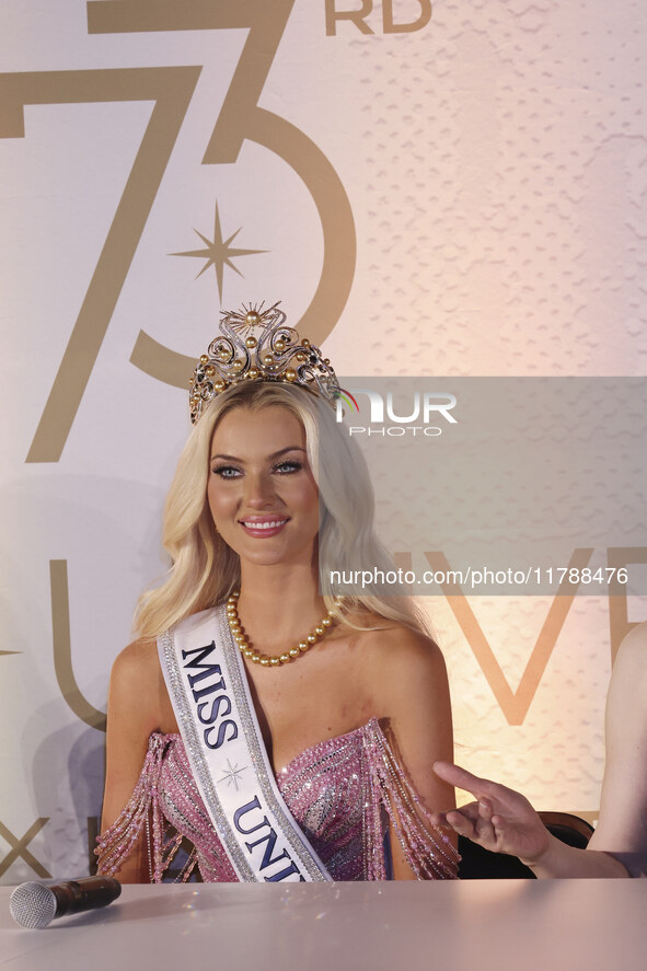 Miss Denmark Victoria Kjaer attends a press event after being crowned Miss Universe following her participation in the 73rd Miss Universe Pa...